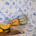 Classic Delft rustic Chalk White wall tiles in Rosalind Blue kitchen corner angle with melons