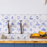 Classic Delft rustic Chalk White wall tiles in Rosalind Blue kitchen sink with melons on board