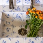 Classic Delft rustic Chalk White wall tiles in Rosalind Blue sink with roses inside