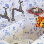 Classic Delft rustic Chalk White wall tiles in Rosalind Blue sink with roses