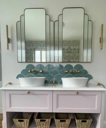 Soho So Aventurine scallop wall tiles as a sink backsplash in the bathroom of petersfieldproject