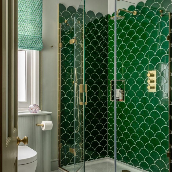 Soho So Emerald Scallop green tiles in a shower designed by Otta Design