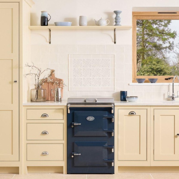 Handpainted emma panel behind a dark blue Everhot range cooker at the Everhot showroom