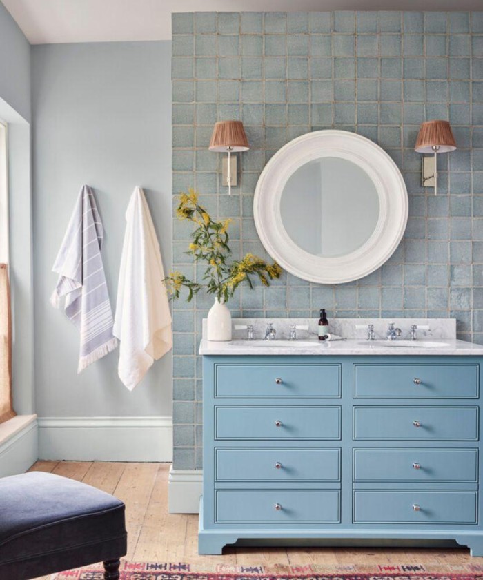 Halcyon Grace blue handmade wall tiles in bathroom