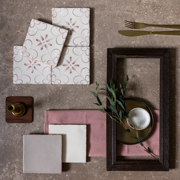 hand painted french inspired patterned tiles in earthy pink