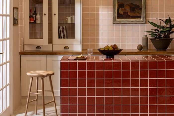 Kitchen Island Chroma Square Tuscan Red Victorian Pink White Grout cupboard open