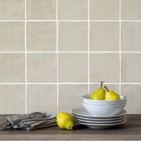 Contemporary Classics Aged Linen Green square handmade wall tiles with White Grout