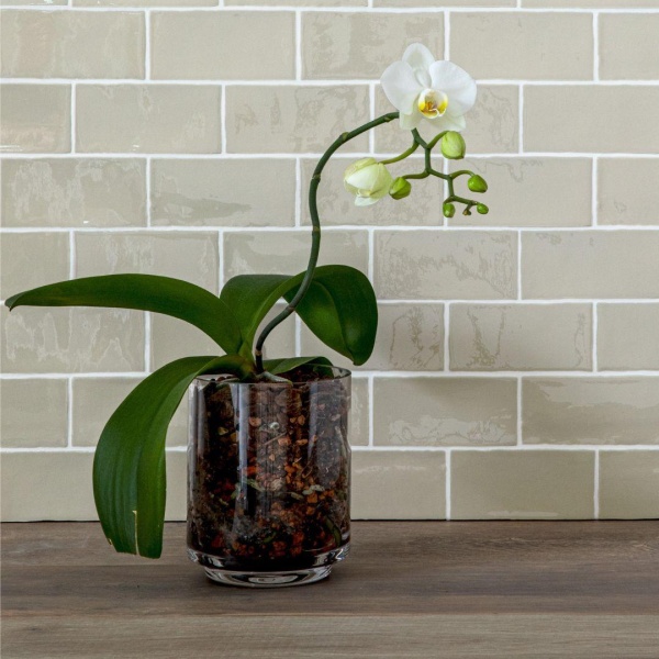Contemporary Classics Aged Linen Green metro brick wall tiles, finished with white grout