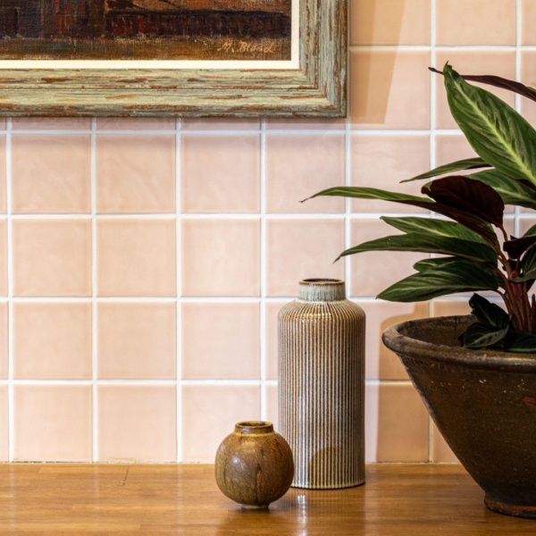 Chroma Victorian Pink square wall tiles in kitchen