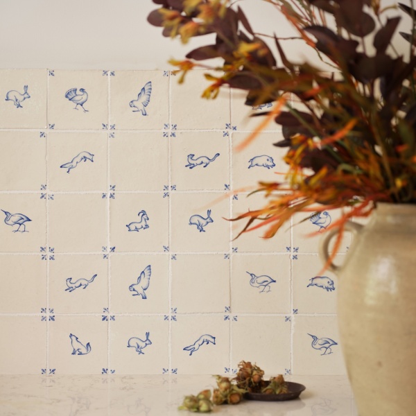 Hand painted kitchen tiles from the Wilding collection