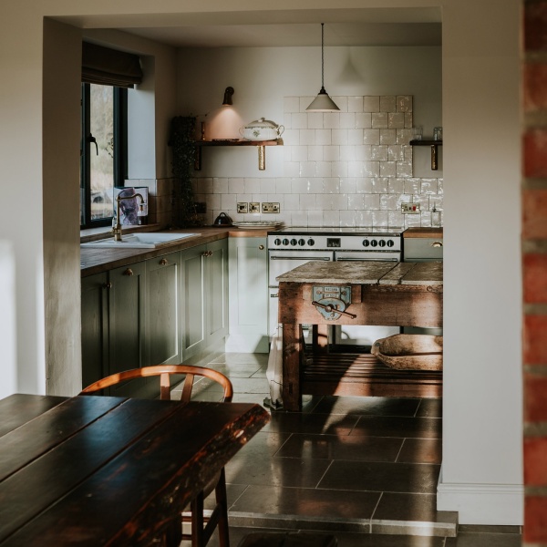 A beautiful tiled kitchen in autumn