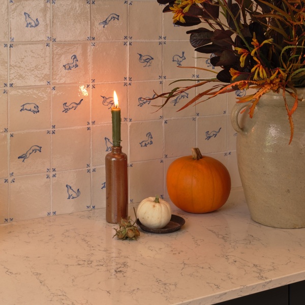 Beautiful autumnal kitchen with hand painted tiles